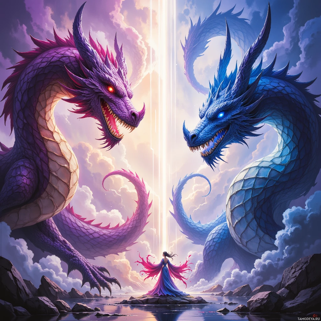 A woman stands between two dragons, one purple and one blue, against a dramatic sky.