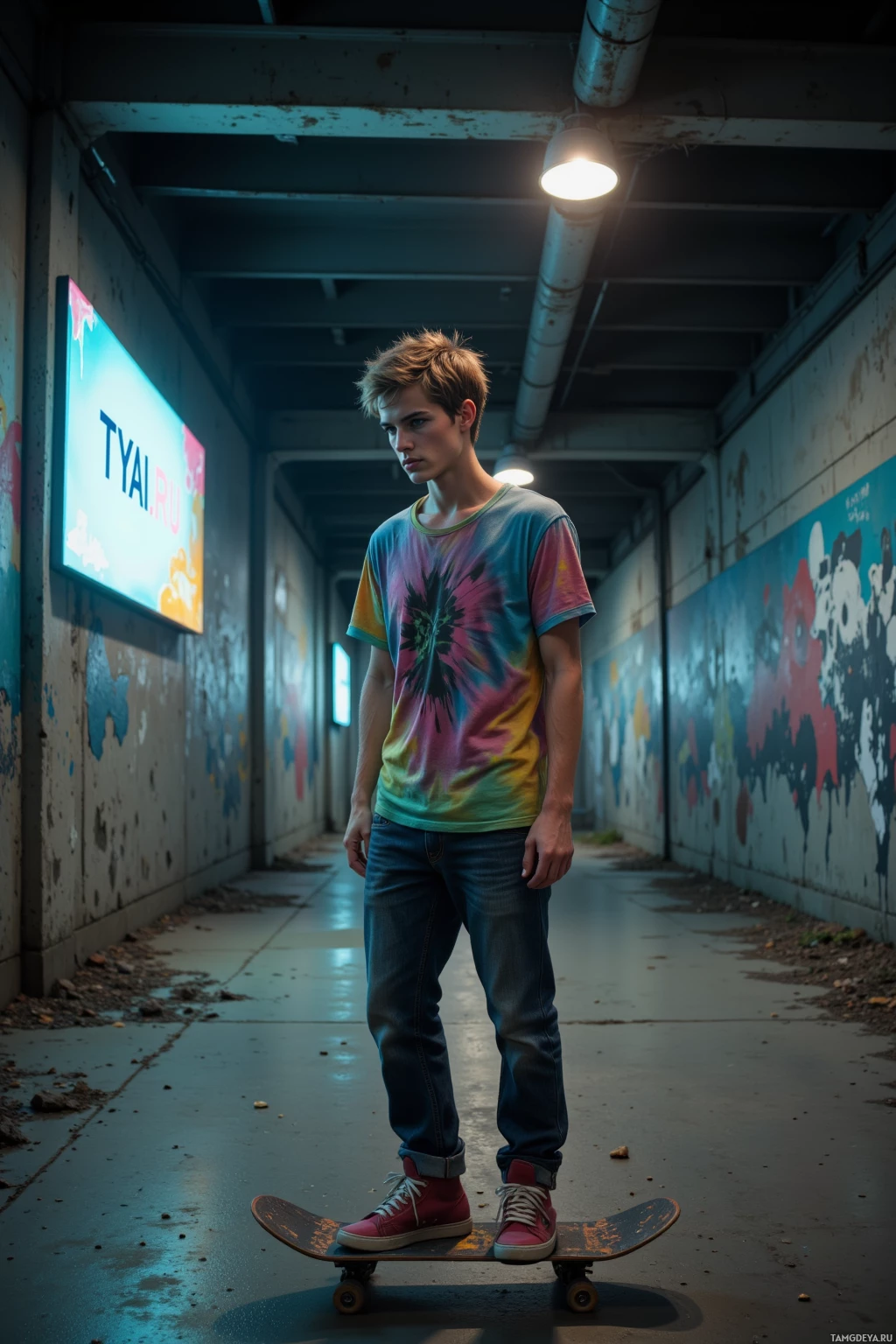 A person stands in a dimly lit hallway with graffiti, wearing a tie-dye shirt and jeans, holding a skateboard.
