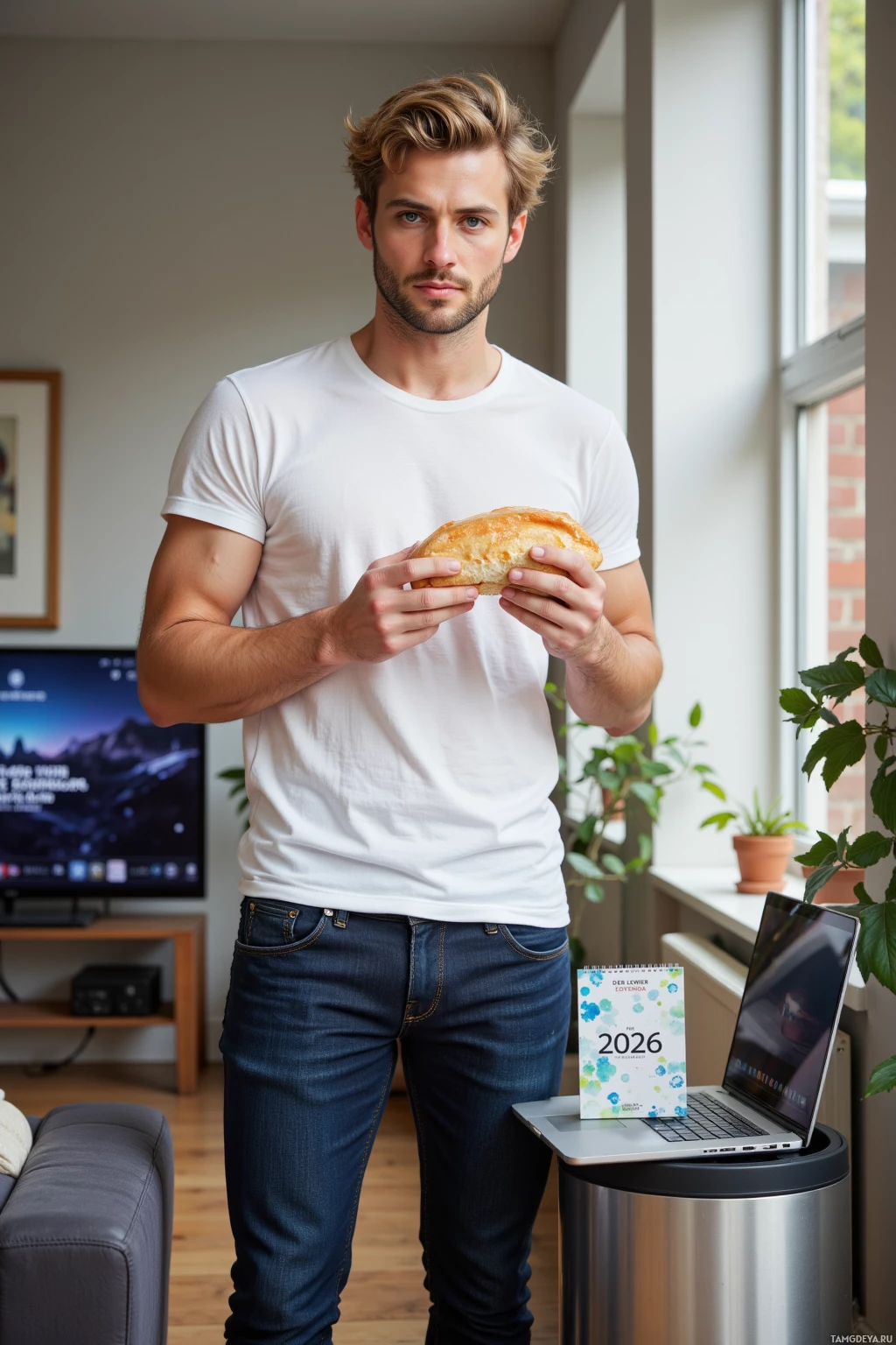 A man in a white t-shirt and jeans holds a sandwich, standing in a modern living room with a laptop and calendar on a table.
