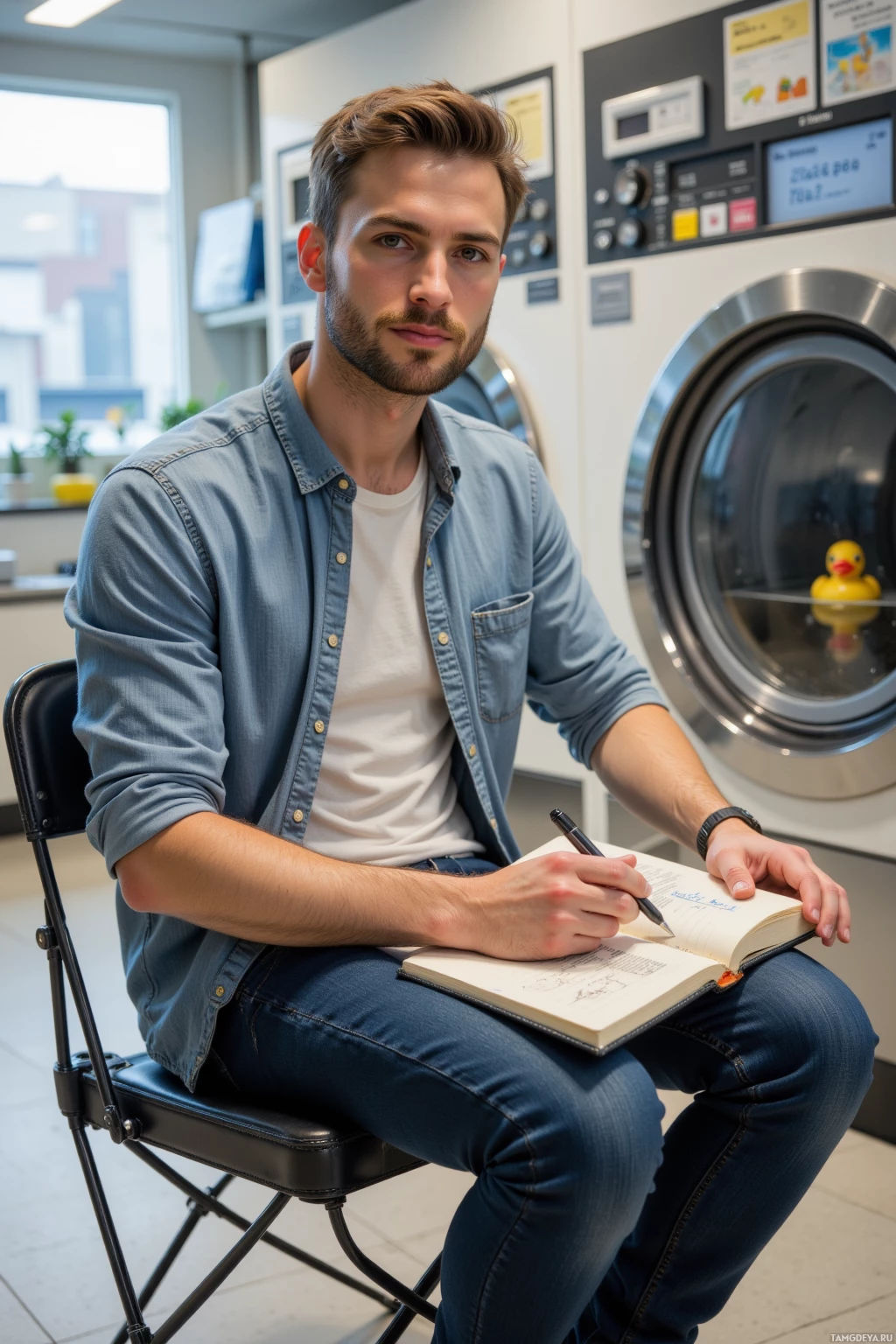 A man sits in a chair in a laundry room, writing in a notebook.