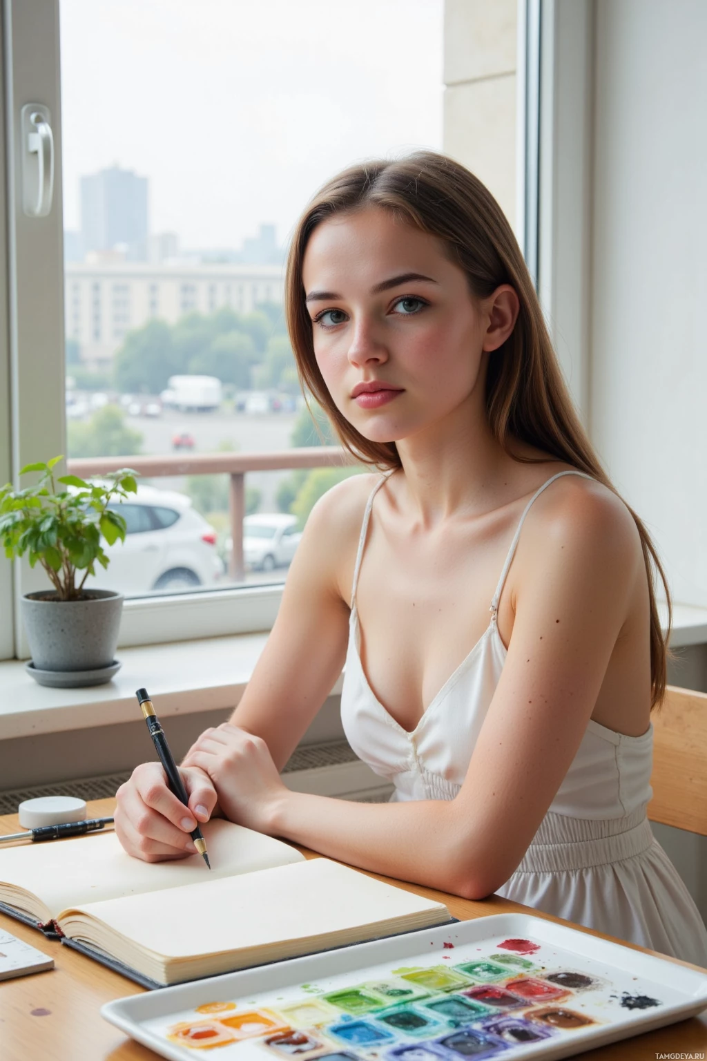 A young woman sits at a table with a watercolor palette, holding a paintbrush, and looks out a window.