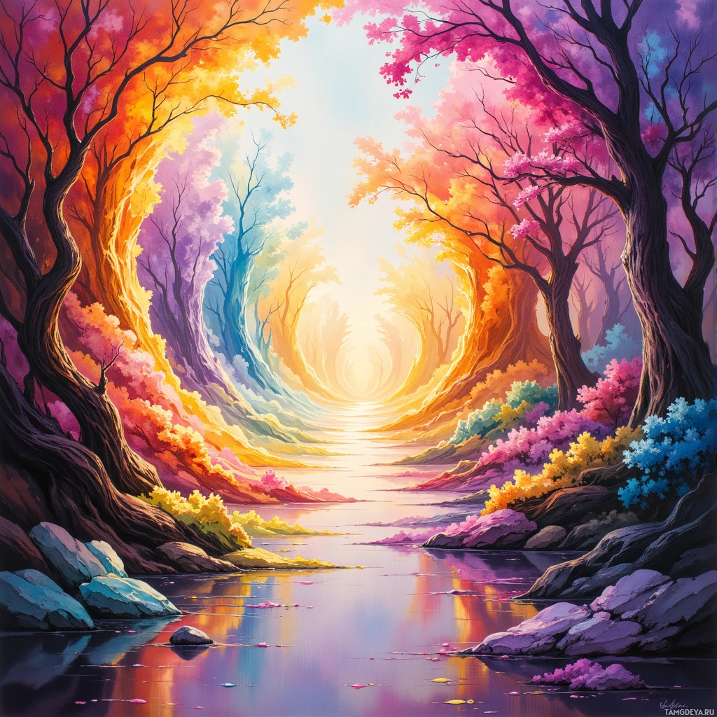 A vibrant, colorful landscape featuring a river surrounded by trees with autumn foliage and a bright sky.