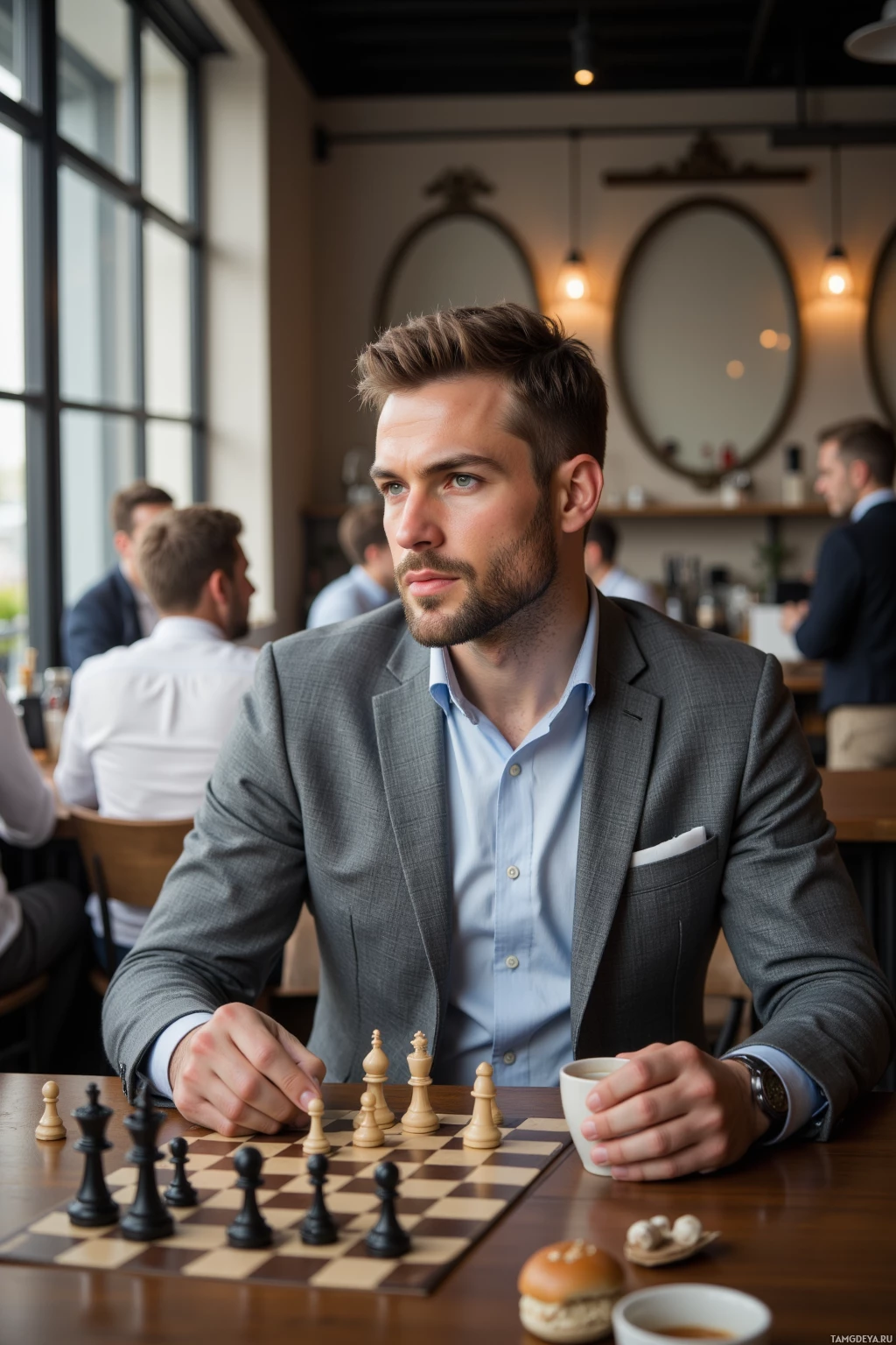 A man in a suit plays chess at a table in a café.