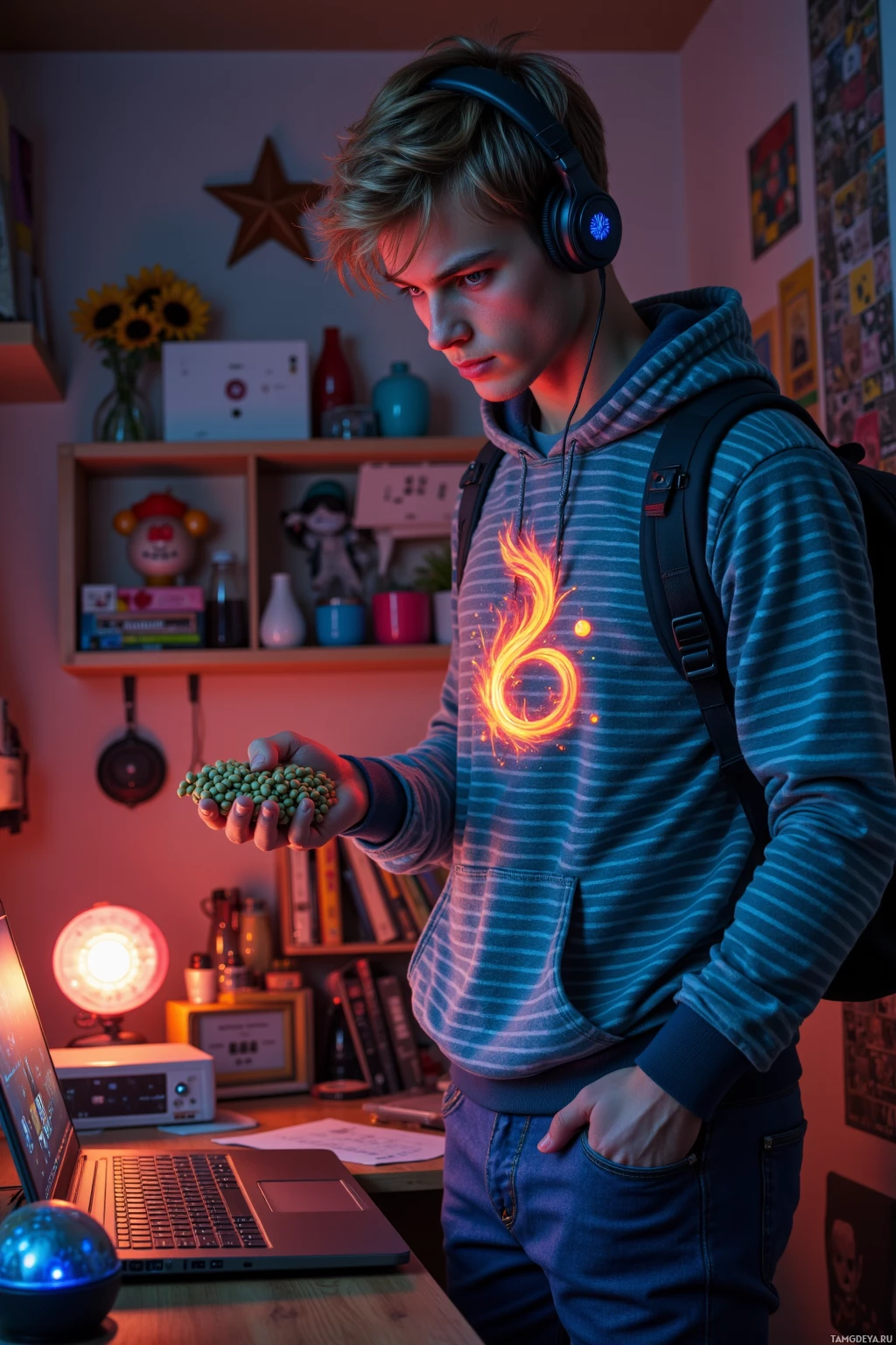 A young person wearing headphones and a hoodie stands in a room with a laptop and various items on shelves.