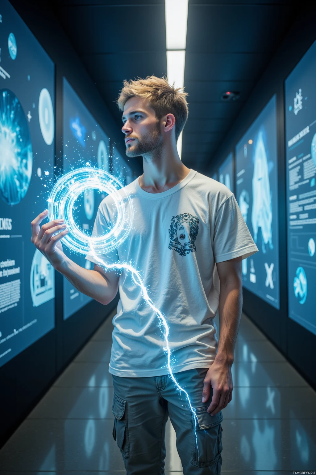 A person stands in a futuristic hallway, holding a glowing ring.