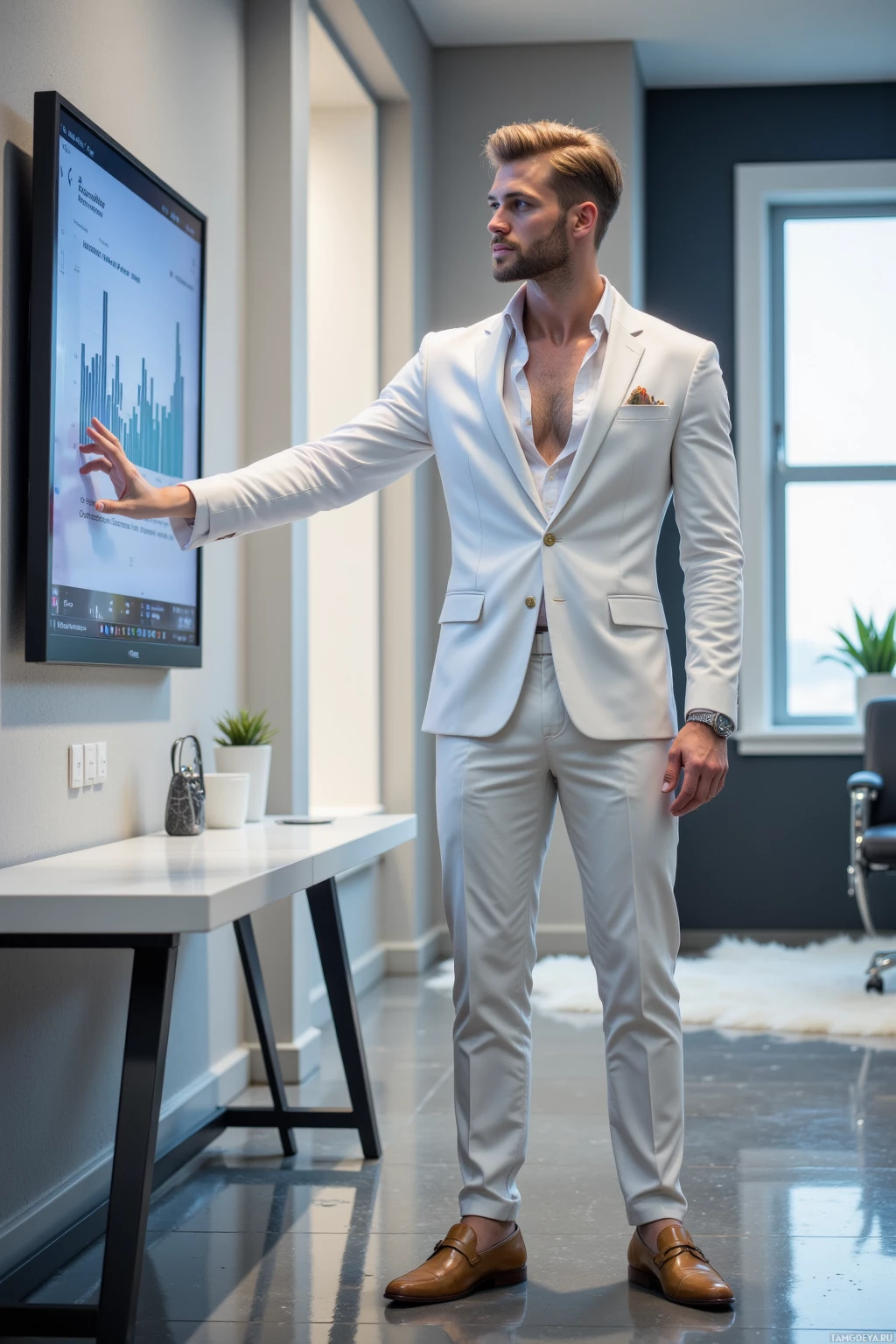 A man in a white suit stands in a modern office, pointing at a large screen.
