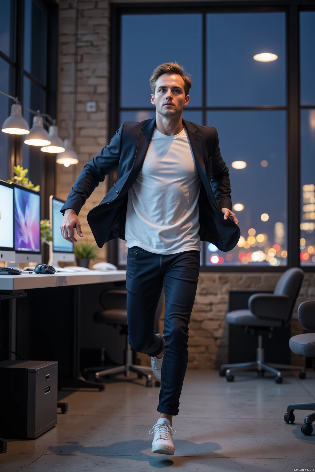 A man in a suit jacket and jeans walks confidently in an office setting.