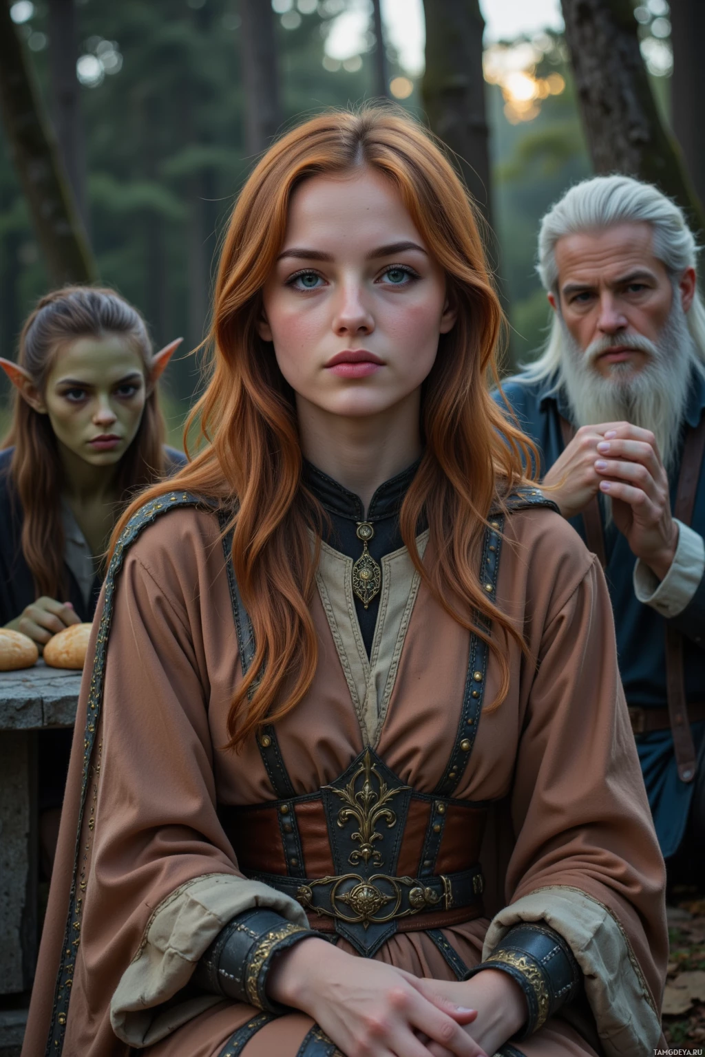 A woman with long red hair and a detailed medieval-style outfit sits in a forest setting with two other individuals.