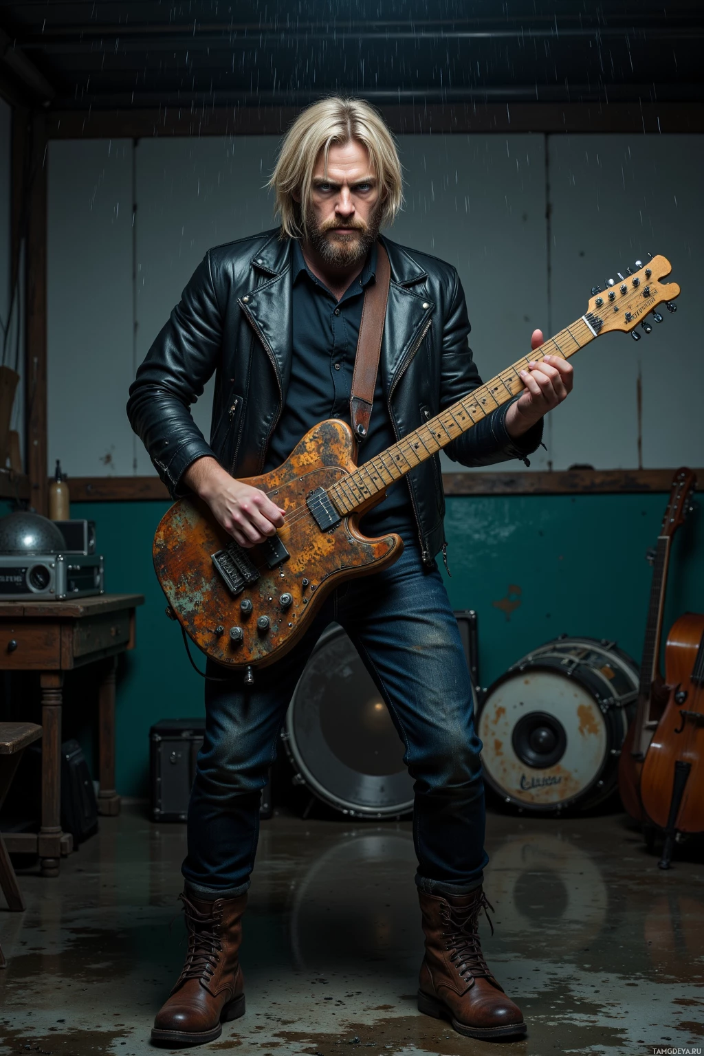 A musician in a leather jacket holds a vintage electric guitar in a dimly lit studio setting.