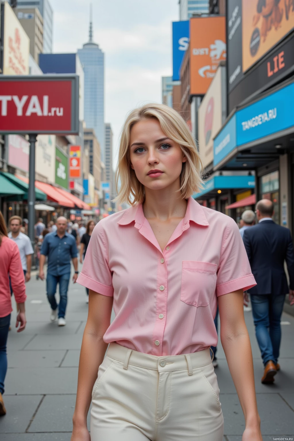 A woman in a pink shirt and beige pants stands on a busy street with tall buildings and advertisements in the background.