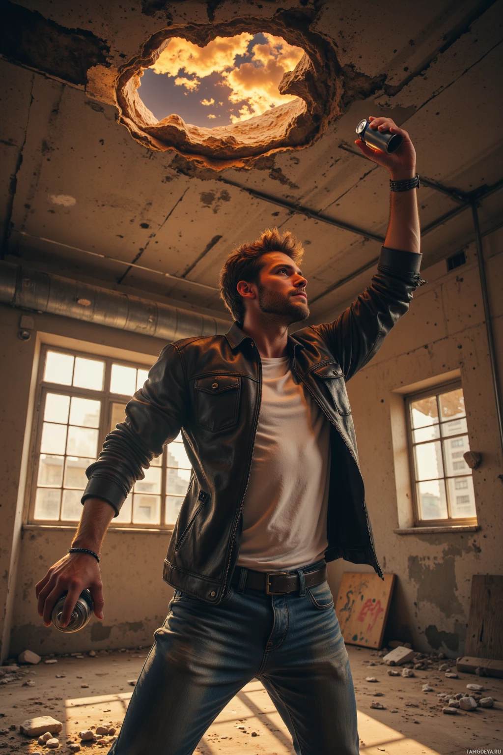 A man in a leather jacket stands in a dilapidated room, holding a can above his head.