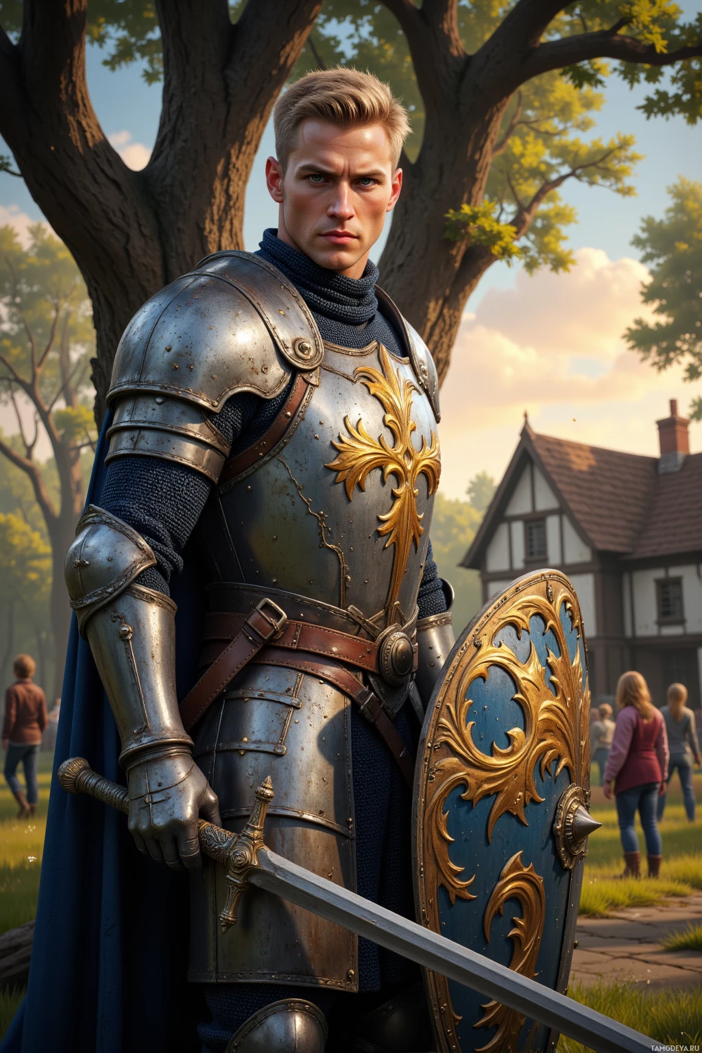 A knight in armor stands in a serene outdoor setting, holding a sword and shield.