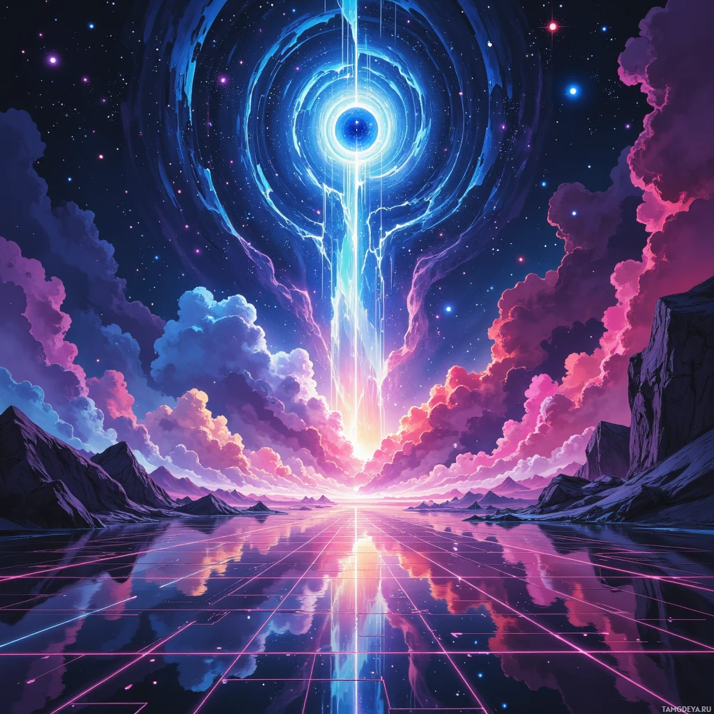 A vibrant, futuristic landscape featuring a glowing portal in the sky, reflecting on a grid-like surface below, surrounded by colorful clouds and distant mountains.