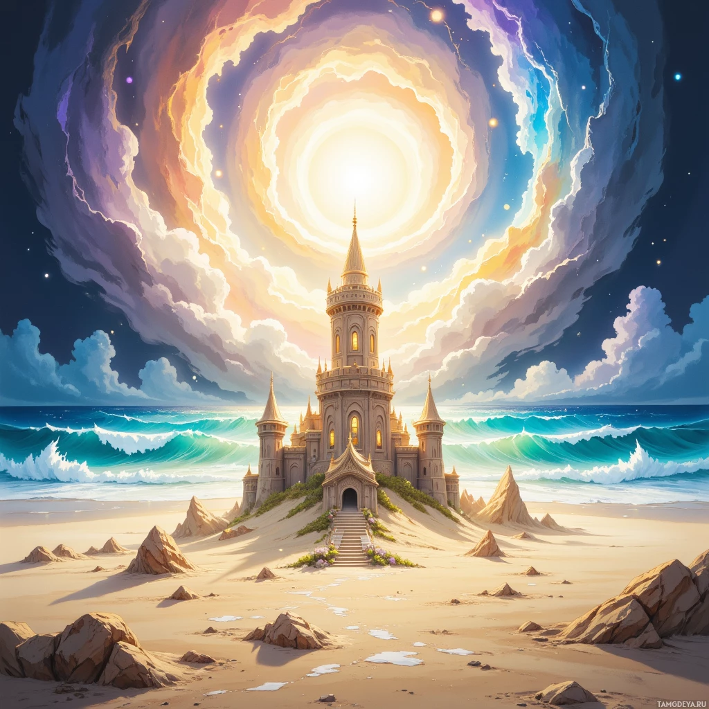A majestic castle stands on a sandy beach under a vibrant, swirling sky.