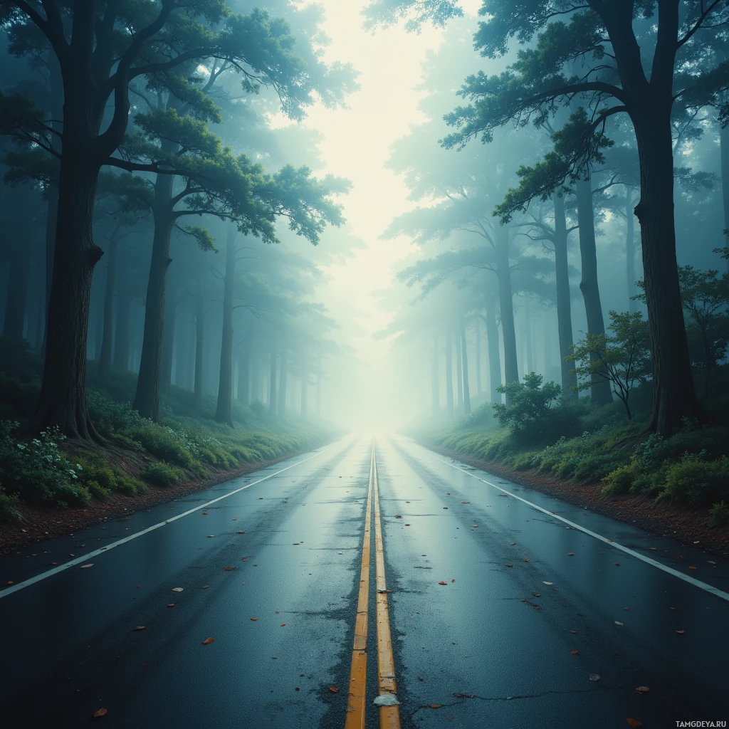 A misty forest road stretches into the distance under a bright sky.