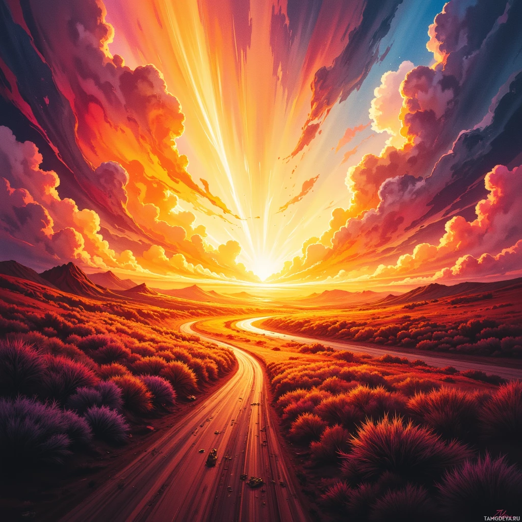 A vibrant sunset illuminates a desert landscape with a winding road and distant mountains.