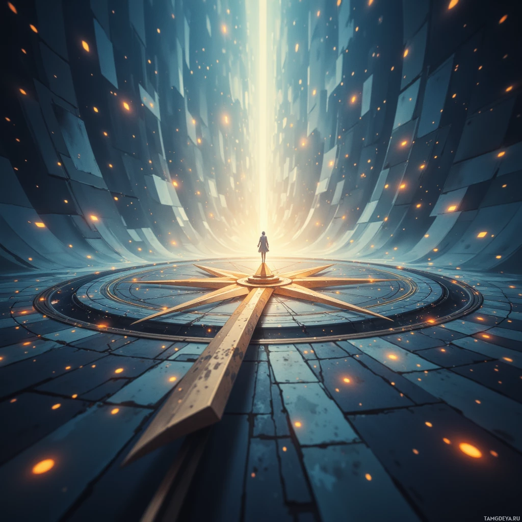 A person stands at the center of a glowing compass-like structure in a futuristic, tunnel-like environment.