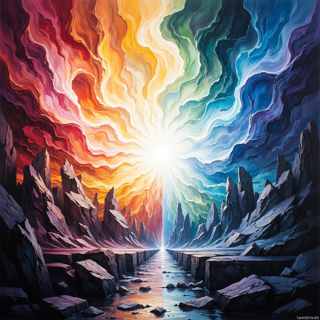 A vibrant, abstract painting featuring a rainbow gradient sky and jagged rock formations.