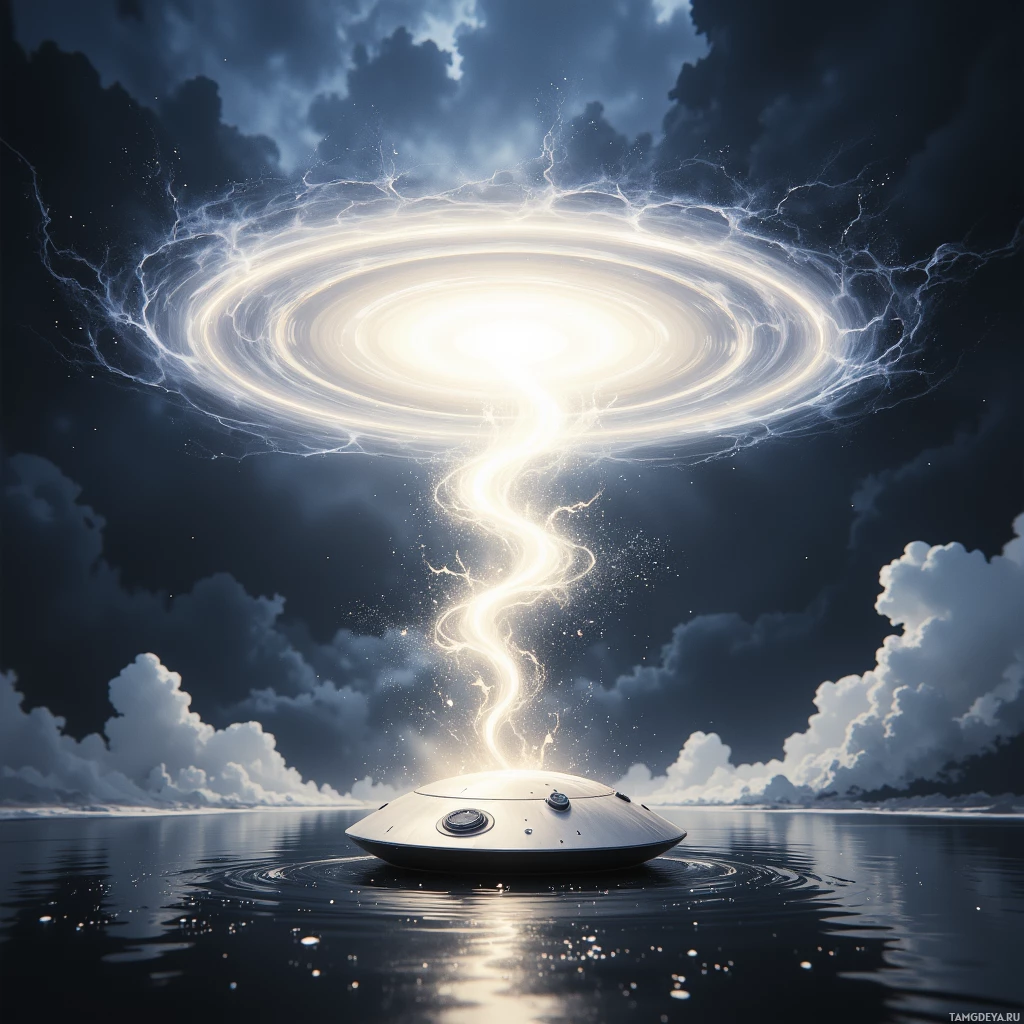 A futuristic flying saucer hovers over calm water under a dramatic sky with swirling light and dark clouds.