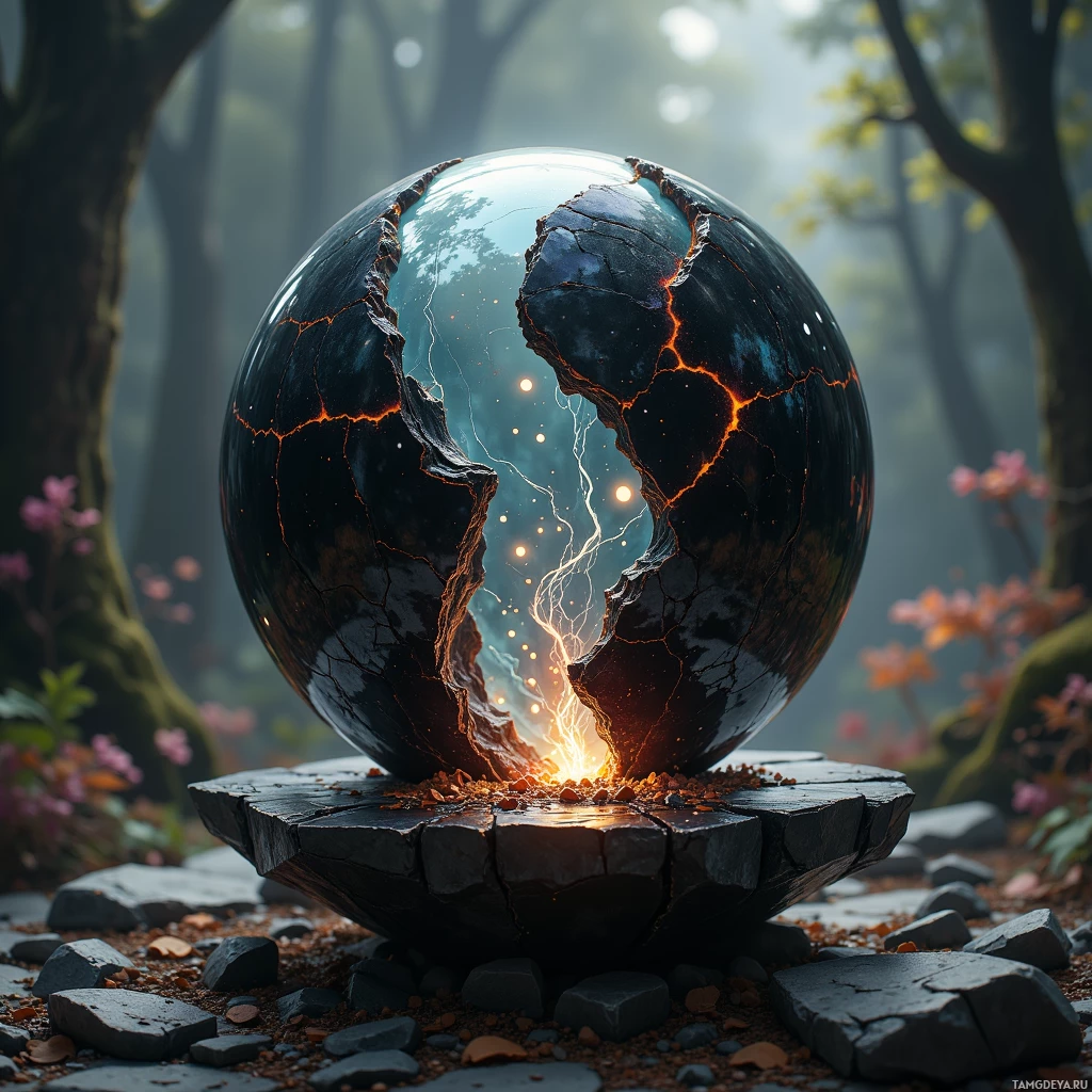 A cracked, glowing sphere rests on a stone pedestal in a misty forest.