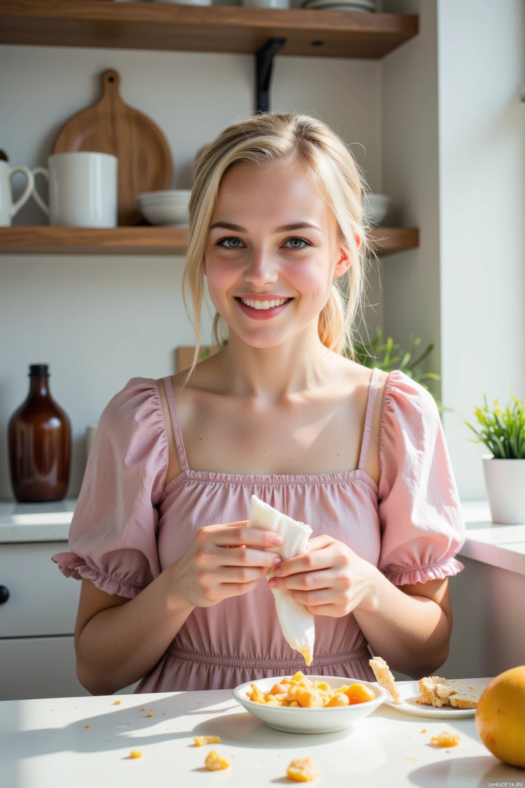 A young woman in a pink dress smiles while holding a pastry in a kitchen setting.