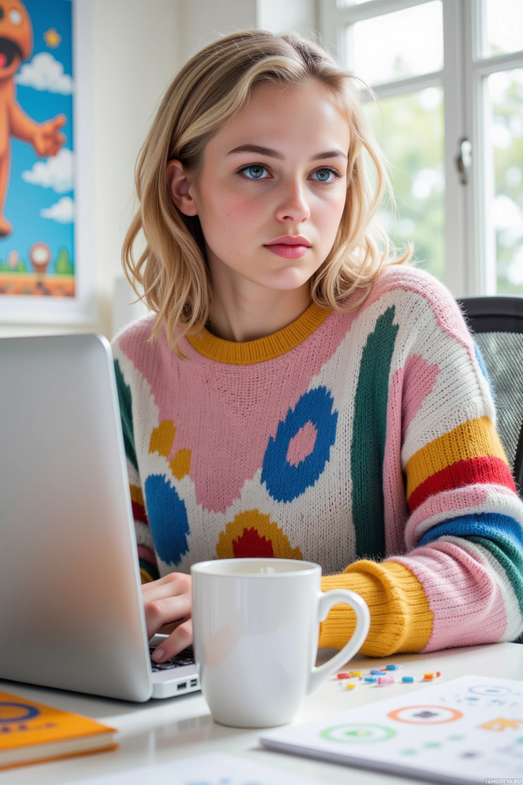 A person wearing a colorful sweater sits at a desk with a laptop and a mug.