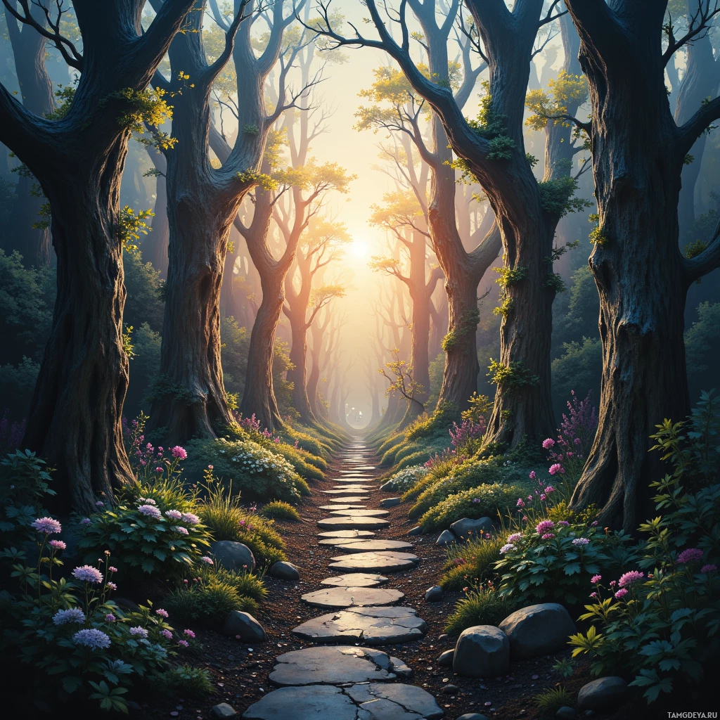 A serene forest path lined with tall trees and vibrant flowers leads towards a glowing light at the end.
