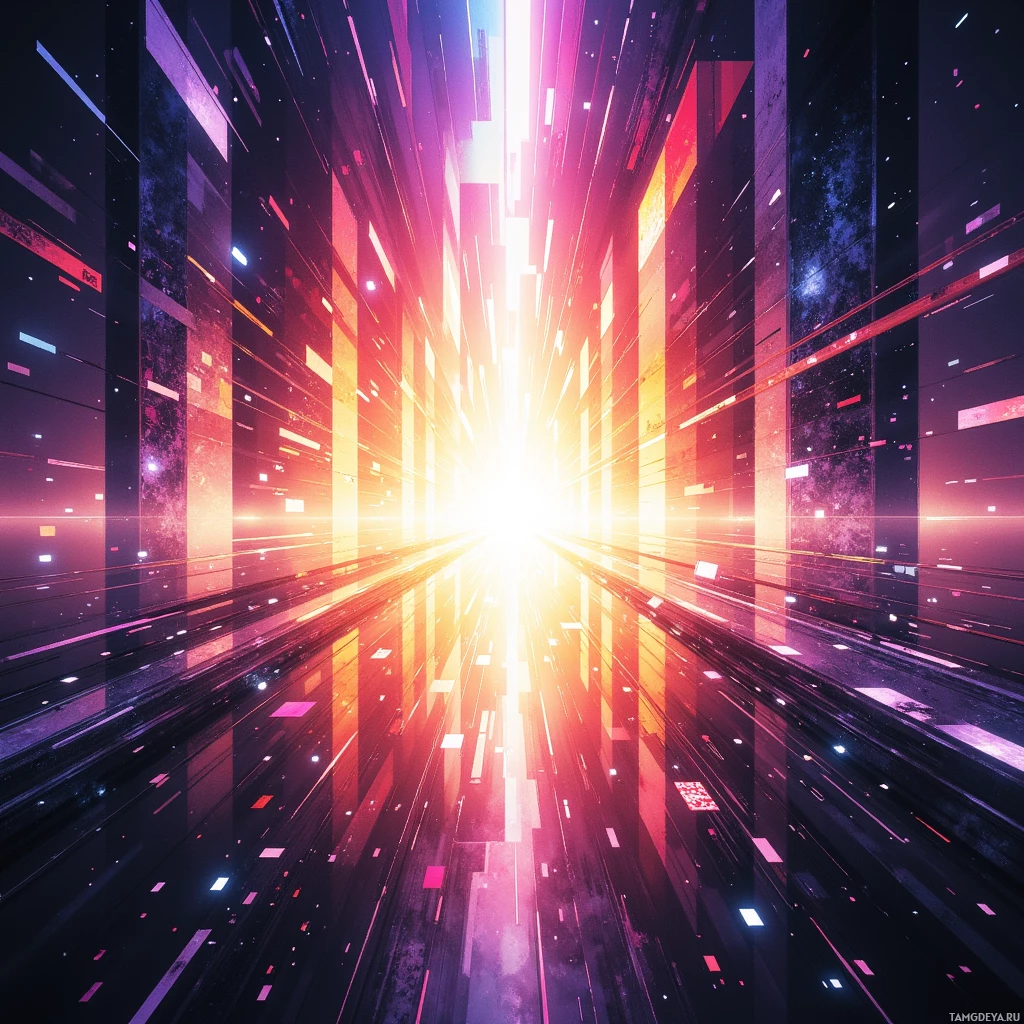 A vibrant, futuristic digital artwork featuring a glowing central light source with streaks of light and geometric shapes in shades of purple, pink, and orange.