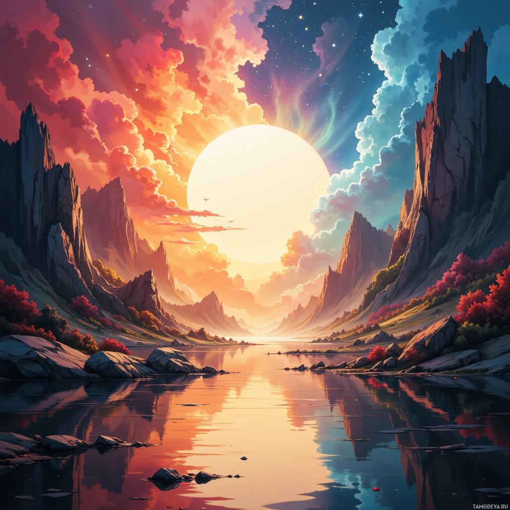 A serene landscape featuring a large sun setting over a calm lake, surrounded by towering cliffs and vibrant autumn foliage.