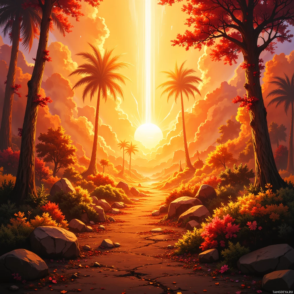 A vibrant sunset scene with palm trees, colorful foliage, and a glowing sun.