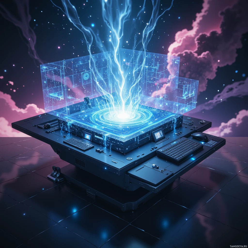 A futuristic control panel with glowing blue energy and a cosmic background.