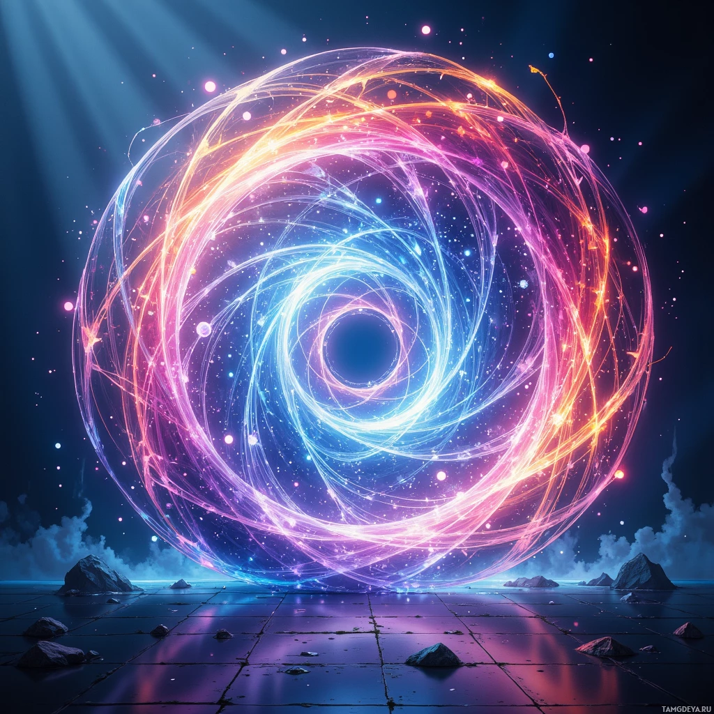 A vibrant, swirling cosmic portal with glowing lines and particles set against a dark, starry sky.