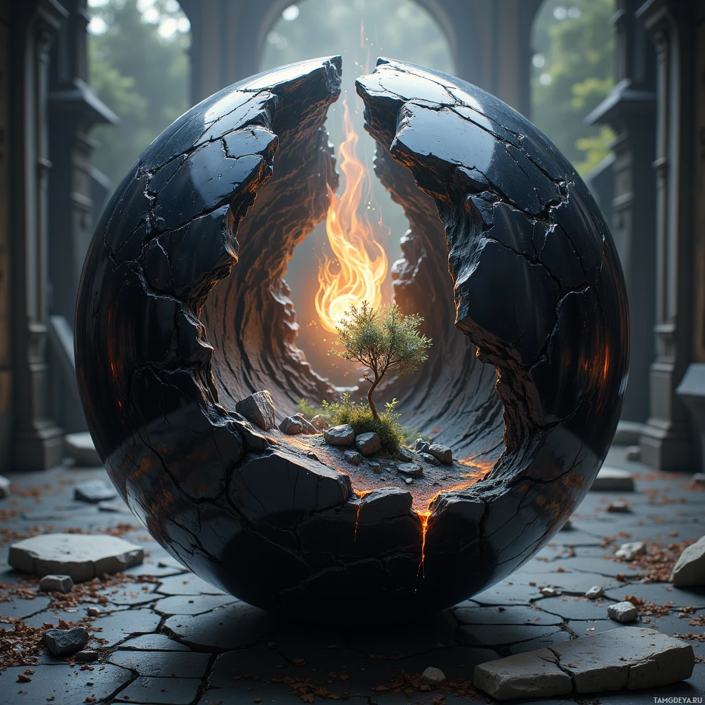 A cracked, fiery sphere with a small tree growing inside, set against a stone walkway.