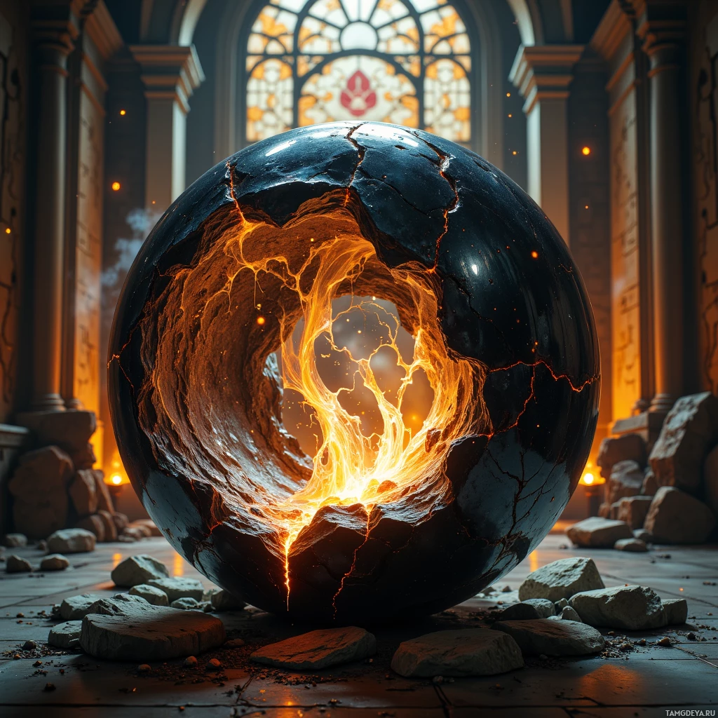 A large, cracked sphere emitting fiery light stands in a dimly lit, ancient-looking hall.