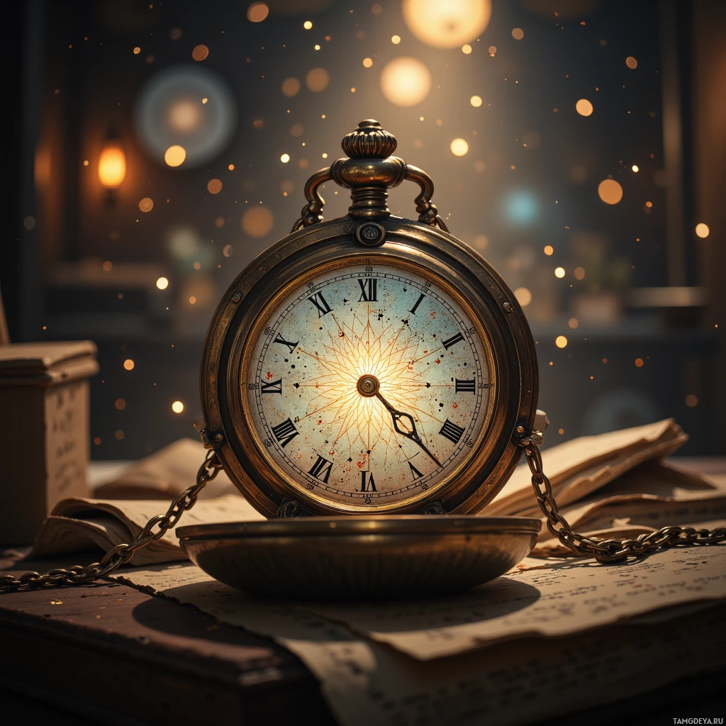 A vintage pocket watch with Roman numerals rests on an open book, illuminated by warm, glowing light.