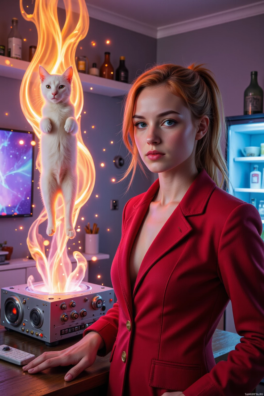 A woman in a red blazer stands beside a glowing, floating cat in a room with a modern aesthetic.