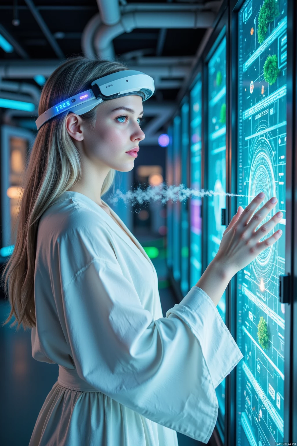 A person wearing a futuristic headset interacts with a large, illuminated display panel.