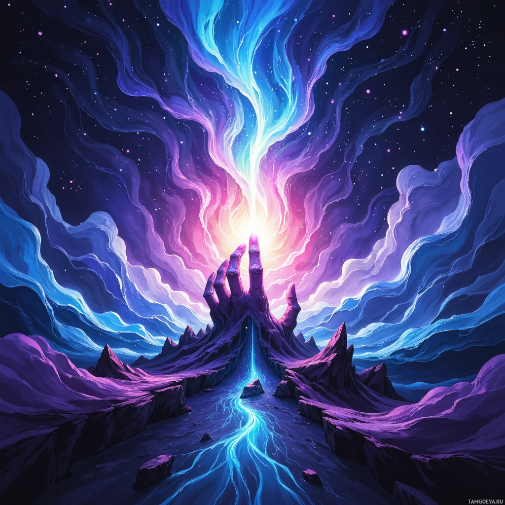 A fantastical landscape featuring a glowing hand reaching towards a radiant sky, surrounded by ethereal clouds and starry night.