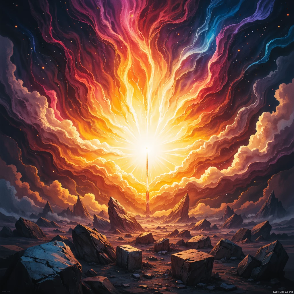 A vibrant cosmic scene with a radiant sunburst and rocky terrain.