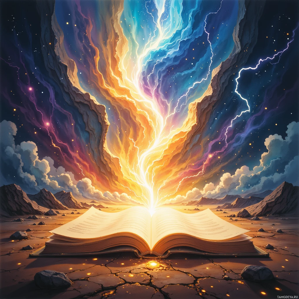 An open book emits a radiant light, illuminating a desert landscape with streaks of lightning and a starry sky.