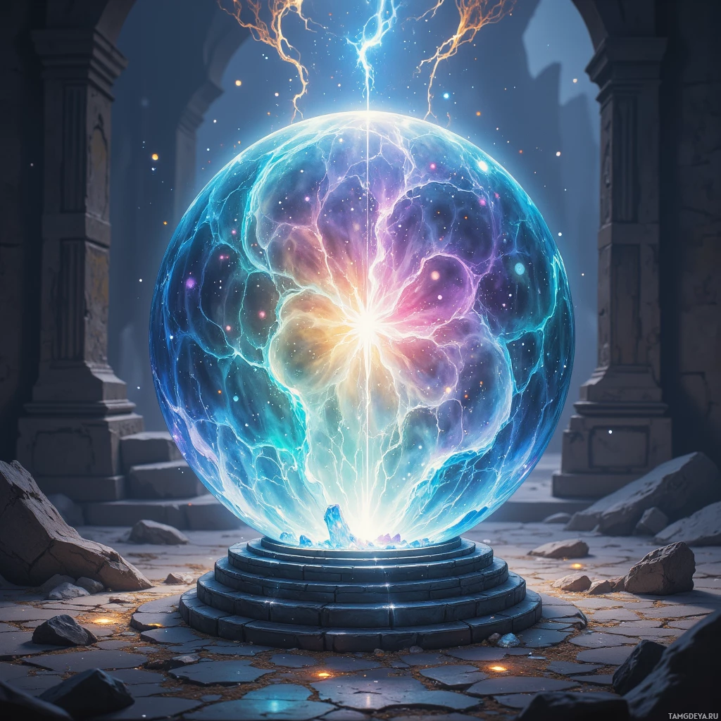 A glowing, electric sphere sits atop a stone pedestal in an ancient, ruinous setting.
