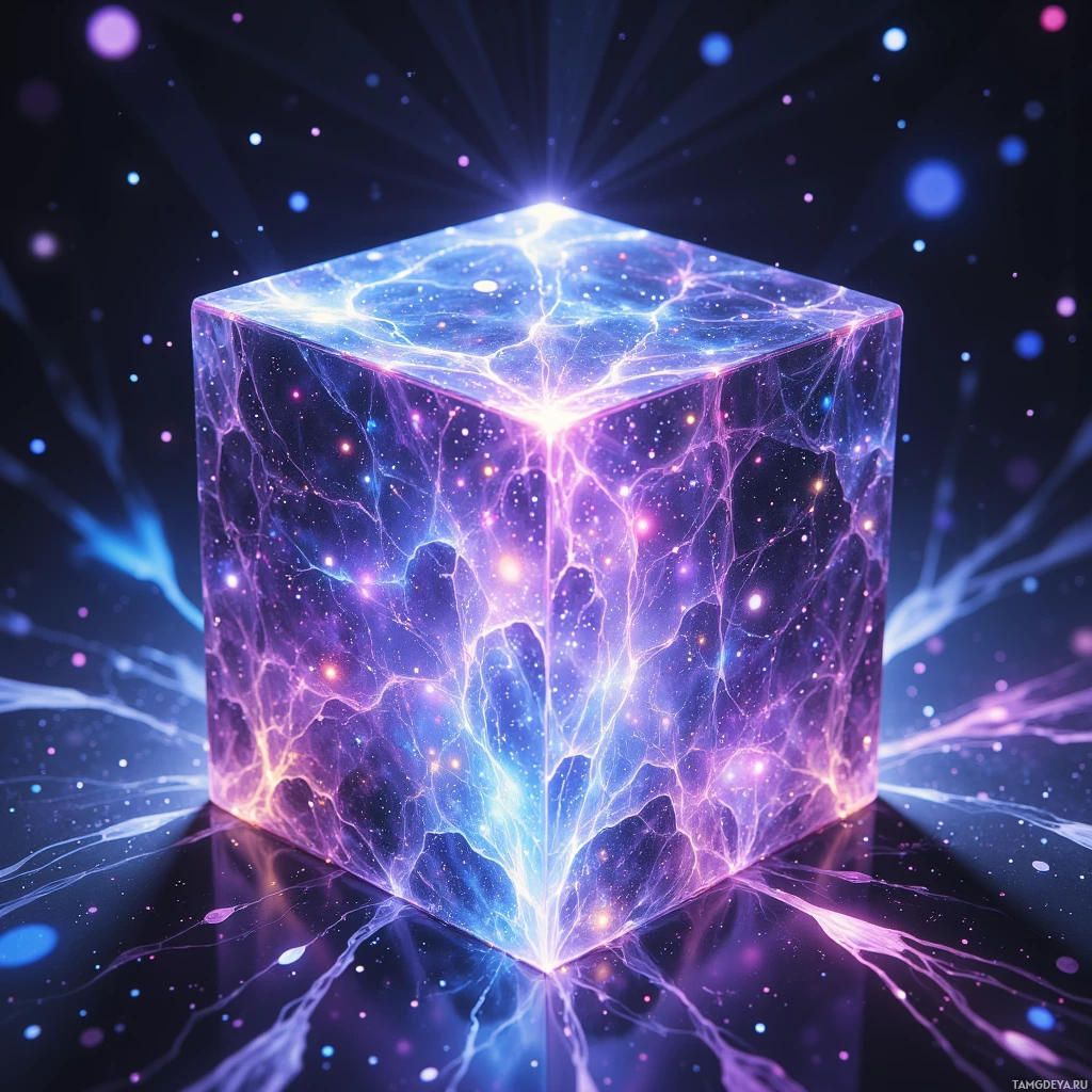 A glowing, cosmic cube with intricate, radiant patterns and a starry background.