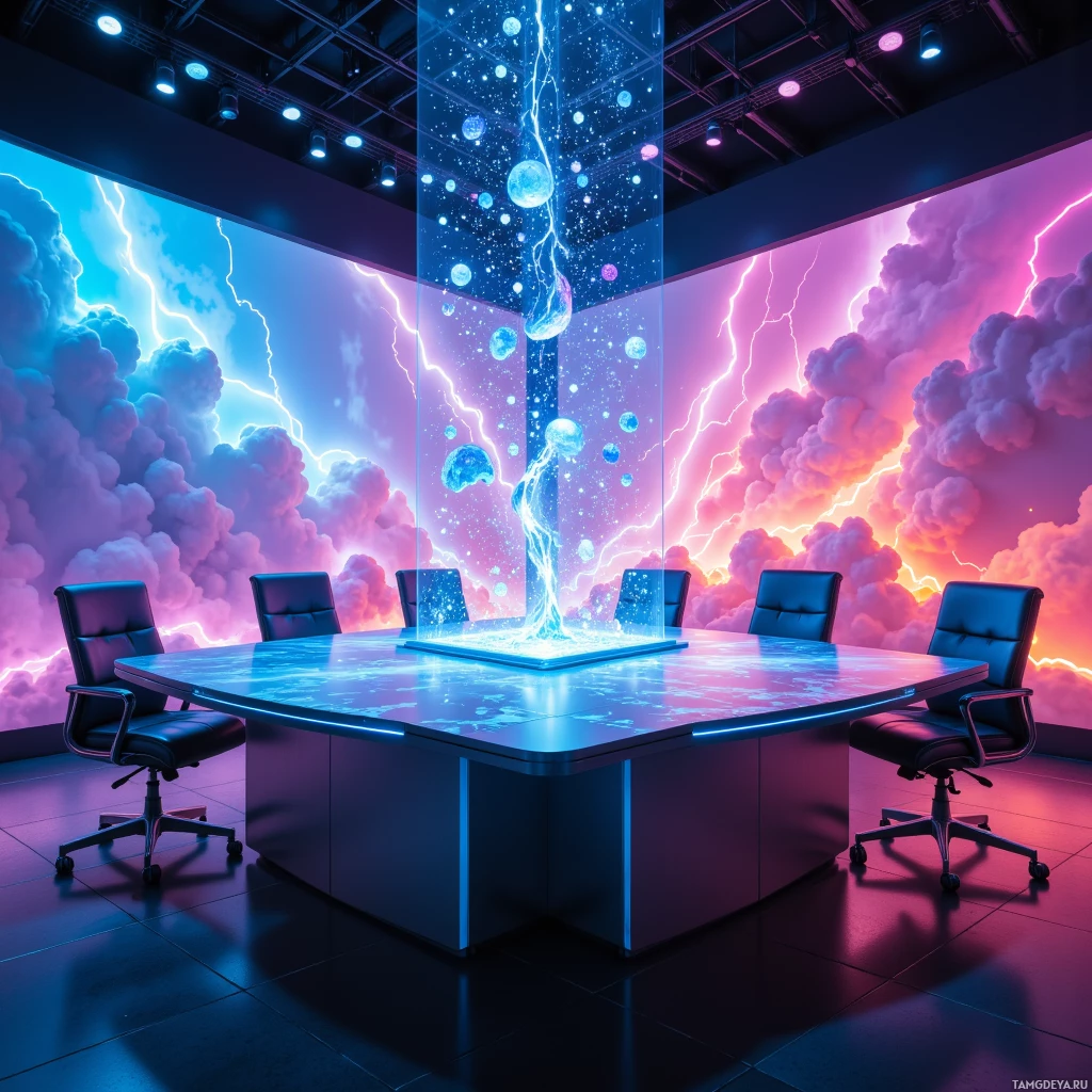 A futuristic conference room with a glowing table and vibrant cosmic-themed walls.