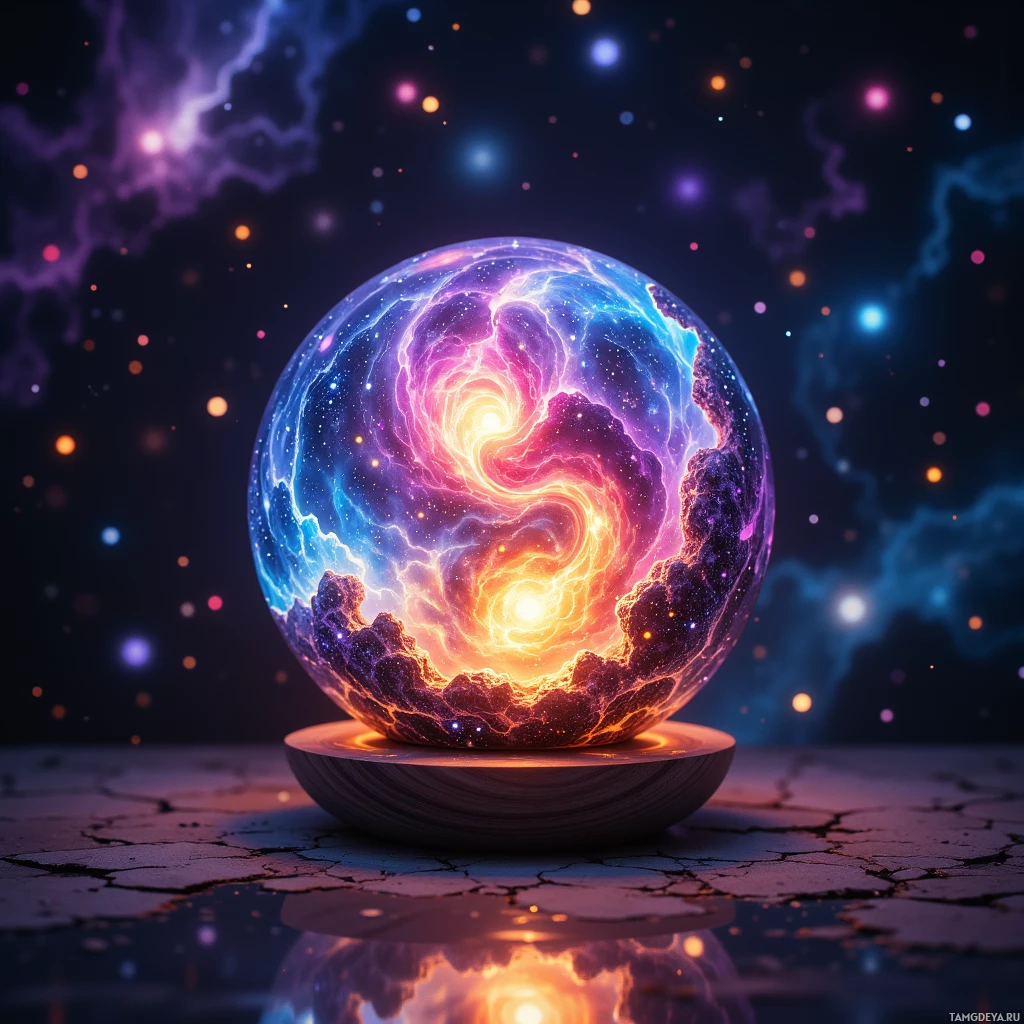 A glowing, colorful sphere with swirling patterns sits atop a cracked surface, surrounded by a cosmic, starry background.