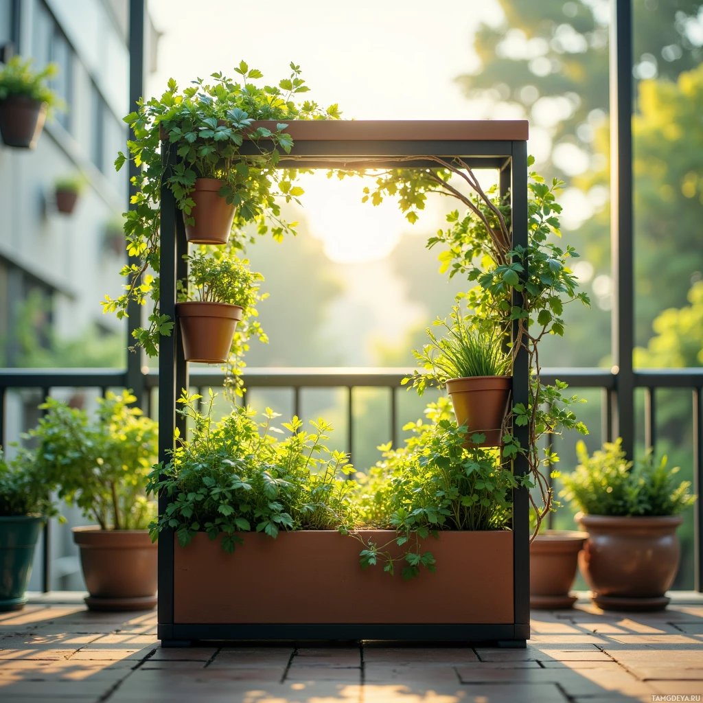 A vertical garden with potted plants on a balcony.