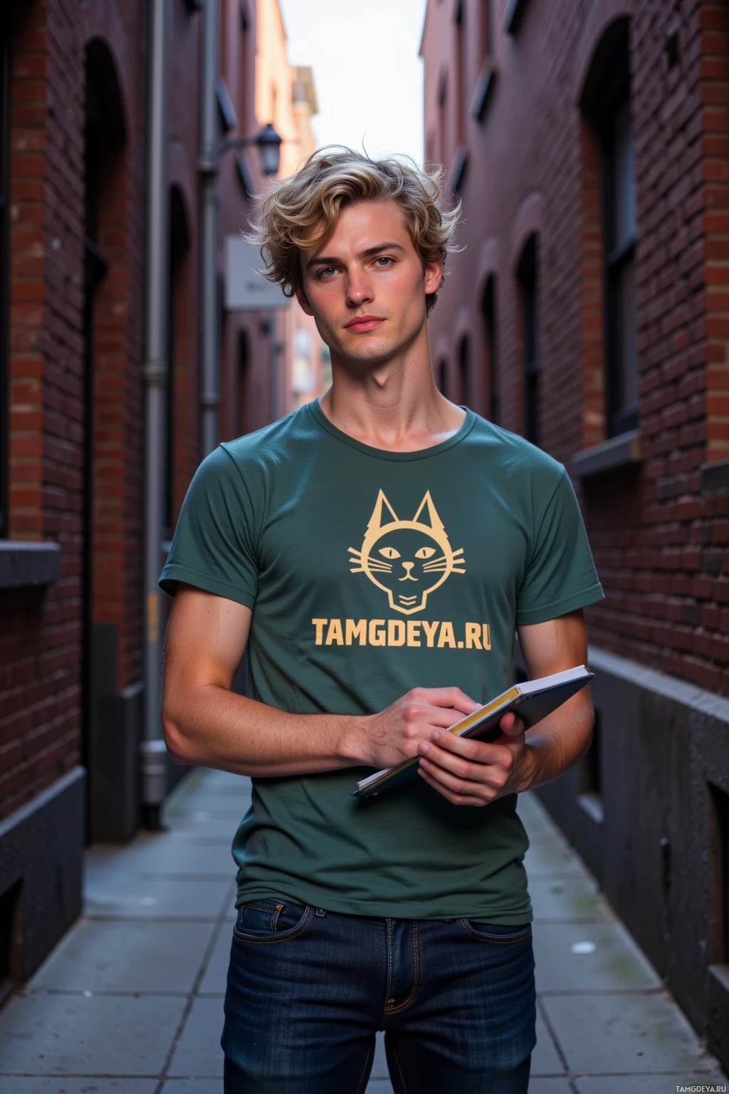 A person stands in an alleyway wearing a green t-shirt with a cat logo and text, holding a notebook.