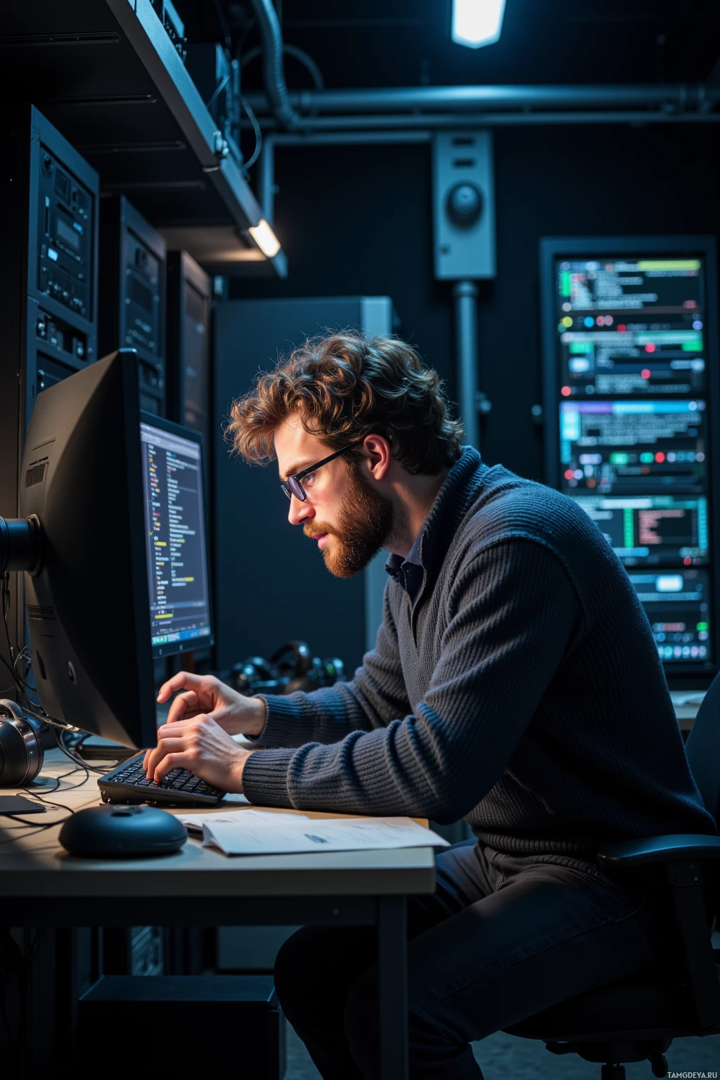 A person is working at a desk in a dimly lit room, focused on a computer screen displaying code.