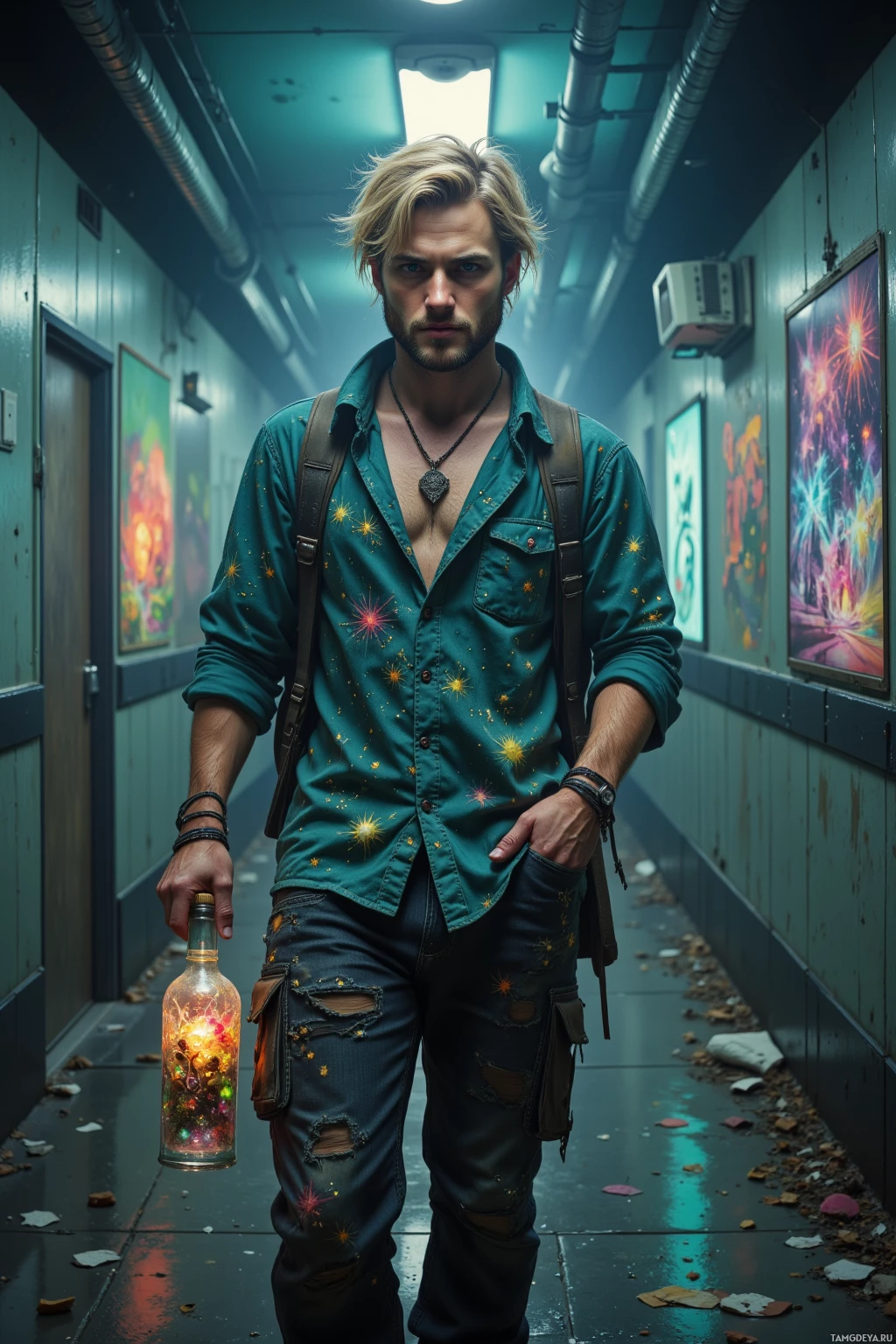 A man stands in a dimly lit corridor, holding a glowing bottle, wearing a green shirt with star patterns and ripped jeans.