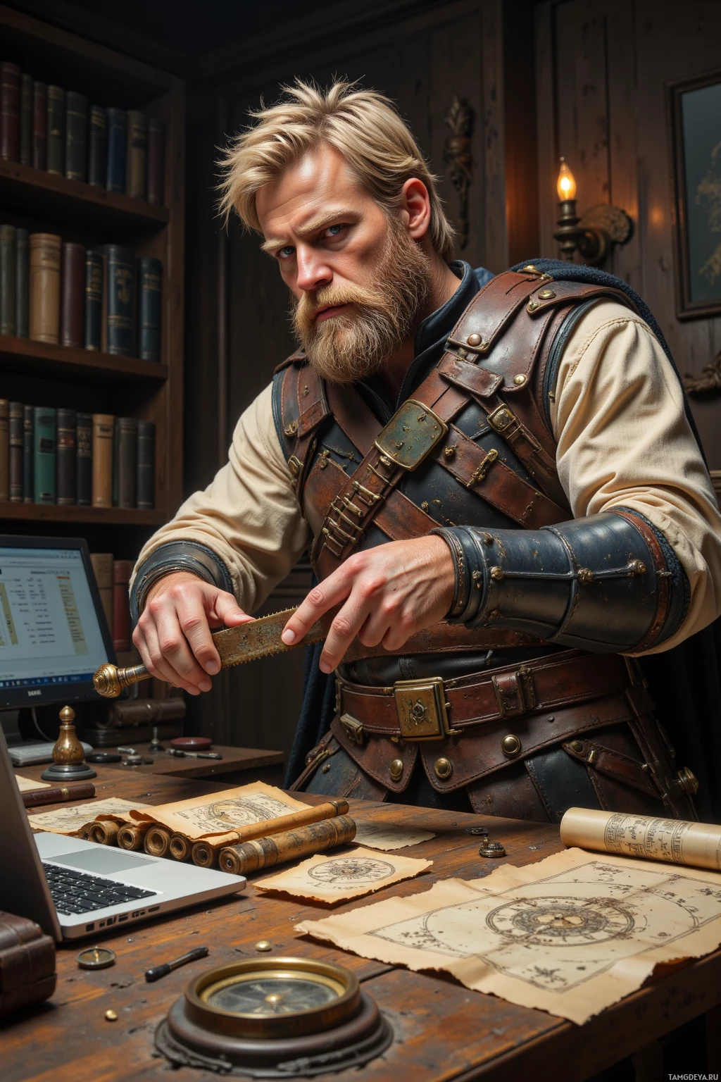 A man in a medieval-style outfit is seated at a desk with a laptop, compass, and old maps.