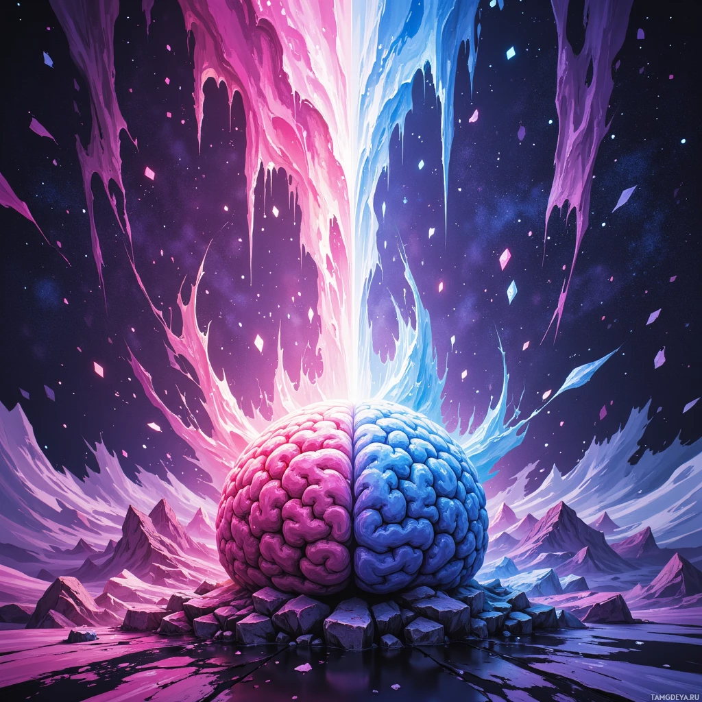 A surreal image of a split-brain sphere with pink and blue halves, surrounded by cosmic and rocky elements.